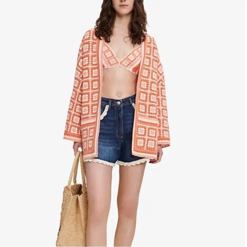 NWT MAJE Mathiou Crocheted Cotton Cardigan Sweater Orange S - Picture 3 of 9